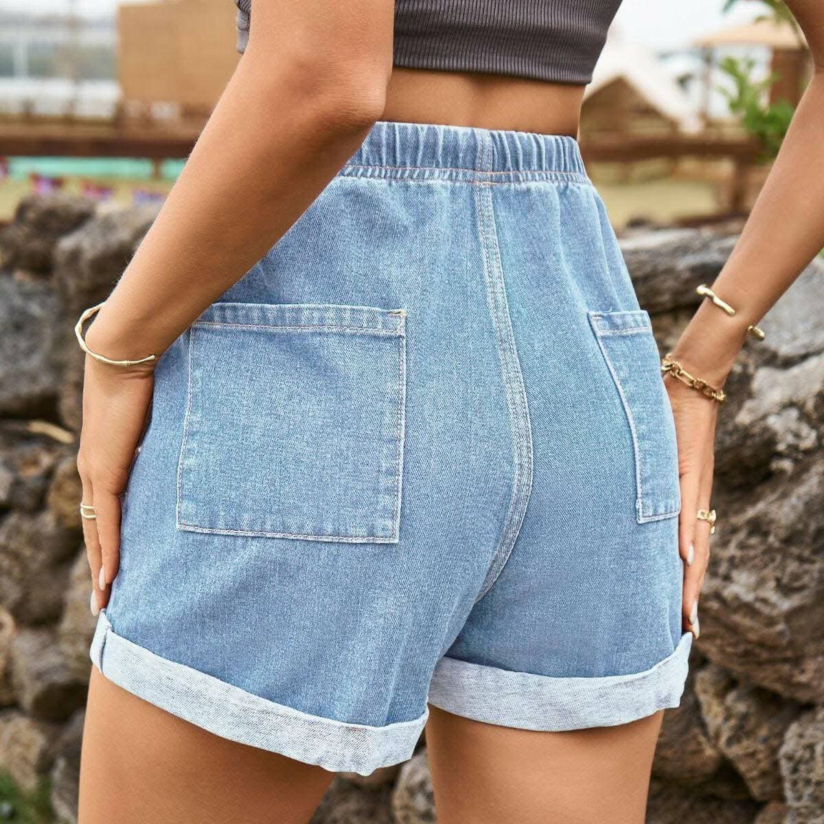 High-waisted denim shorts with pockets - Love Salve